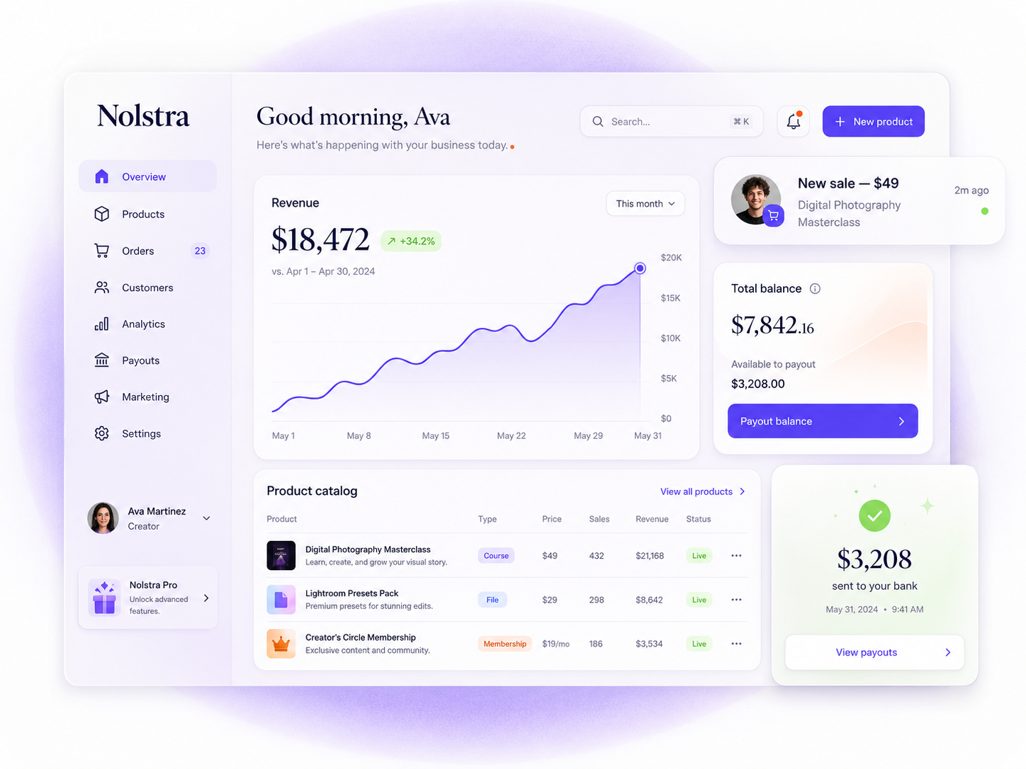 Nolstra creator dashboard showing revenue, product catalog, and payouts