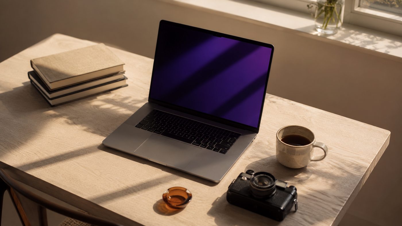 A laptop with a violet screen on a sunlit wooden desk beside a camera and coffee