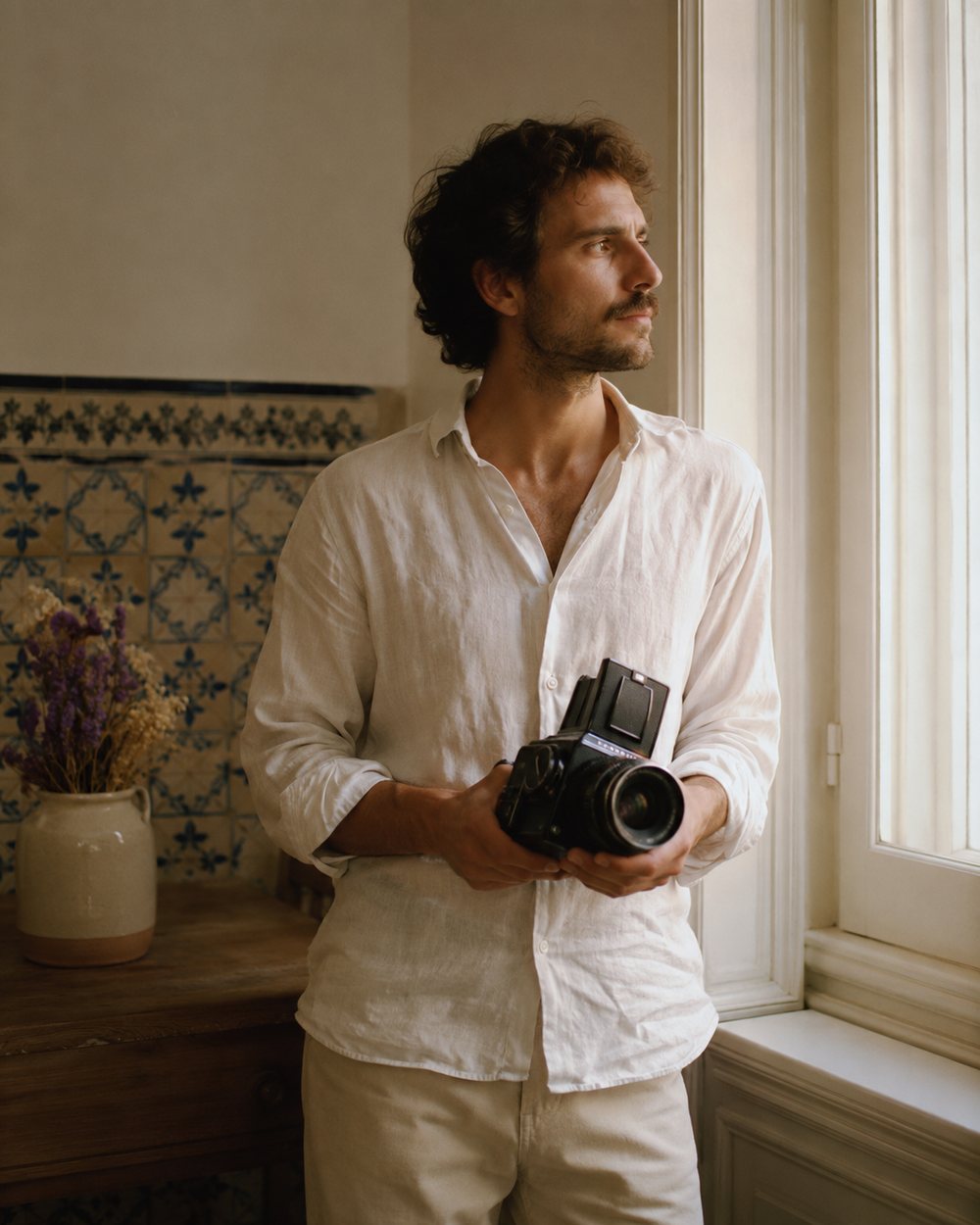 Atlas, an independent photographer, holding a medium-format camera by a window
