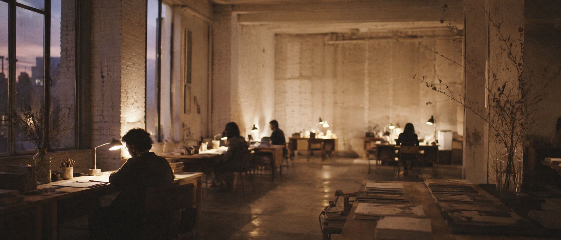 A studio loft at dusk where independent creators work at lamplit desks